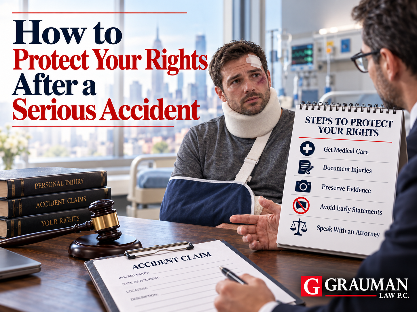 Grauman Law P.C. graphic showing an injured accident victim and steps to protect your rights after a serious accident