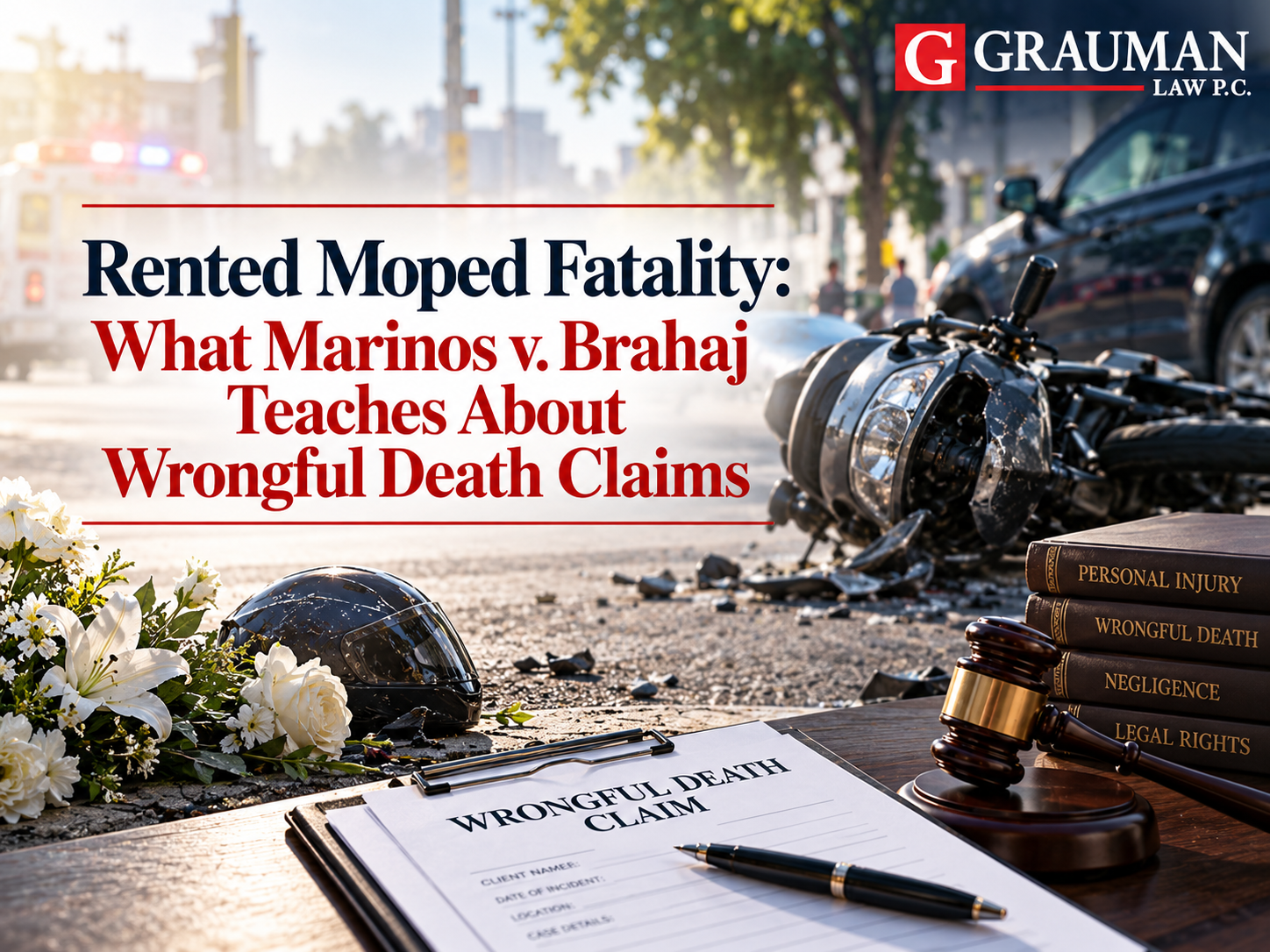 Grauman Law P.C. graphic showing a rented moped crash scene and wrongful death claim documents in New York