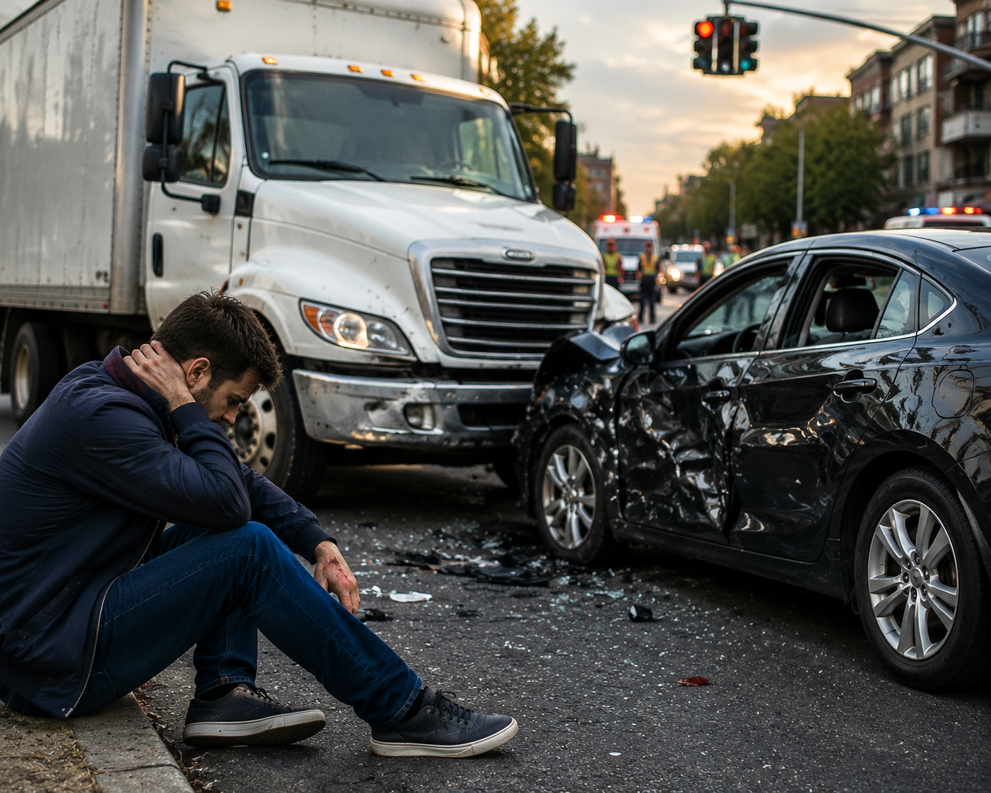 Commercial vehicle accident in Forest Hills, NY showing a delivery truck collision with a passenger vehicle and an injured victim after a crash requiring personal injury legal assistance