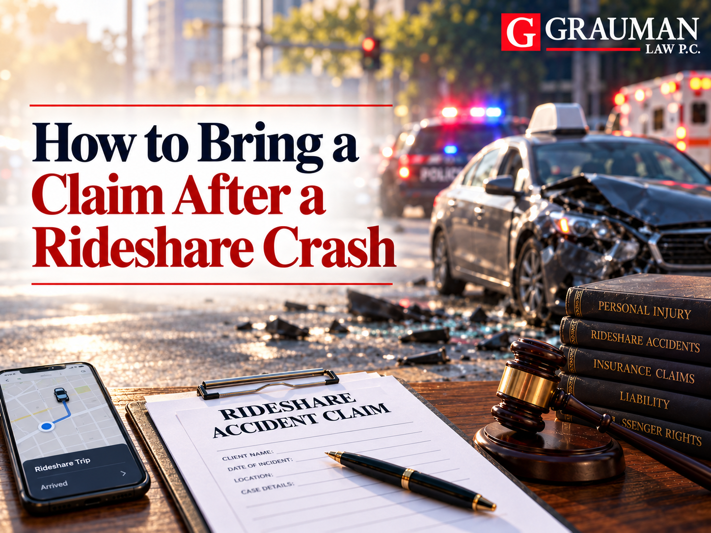 Rideshare crash scene with accident claim documents and legal representation.
