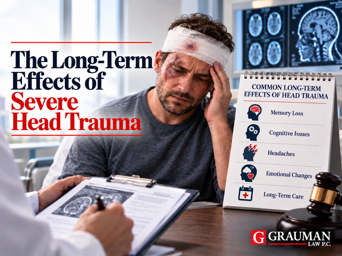 Grauman Law P.C. graphic showing an injured man with a head bandage and the long-term effects of severe head trauma