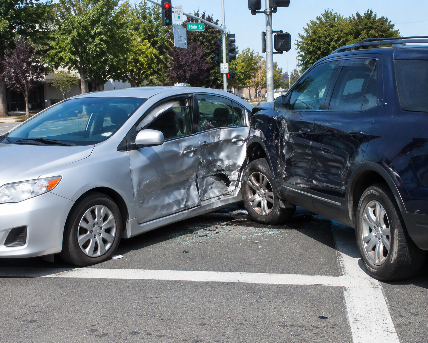 A t-bone car accident at a busy intersection in Forest Hills, NY.