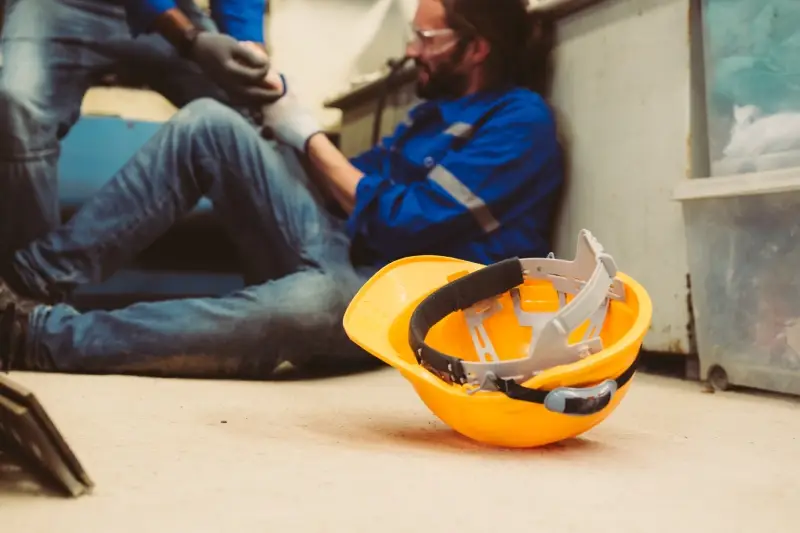 An injured person next to a hard hat